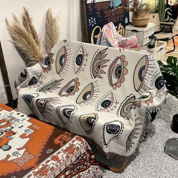 All Eyes On Me Boho Woven Jacquard Throw Blanket Tapestry Bohemian Decor 50×60IN - Picture 4 of 7